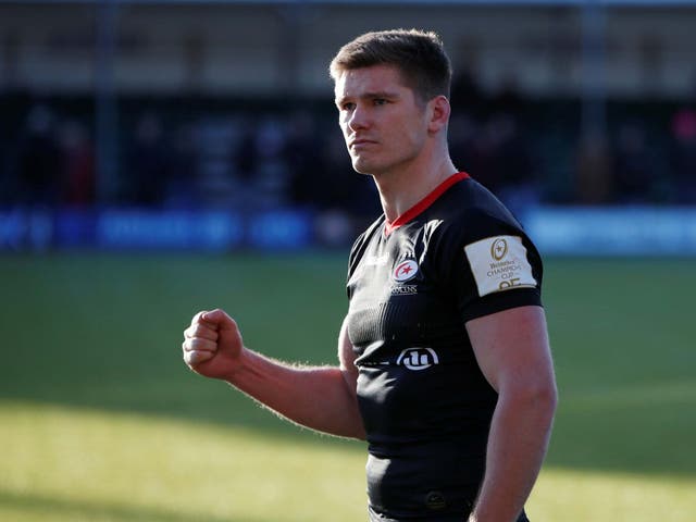 Owen Farrell celebrates after his penalty secured victory for Saracens