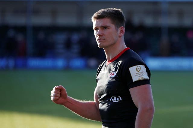 Owen Farrell celebrates after his penalty secured victory for Saracens