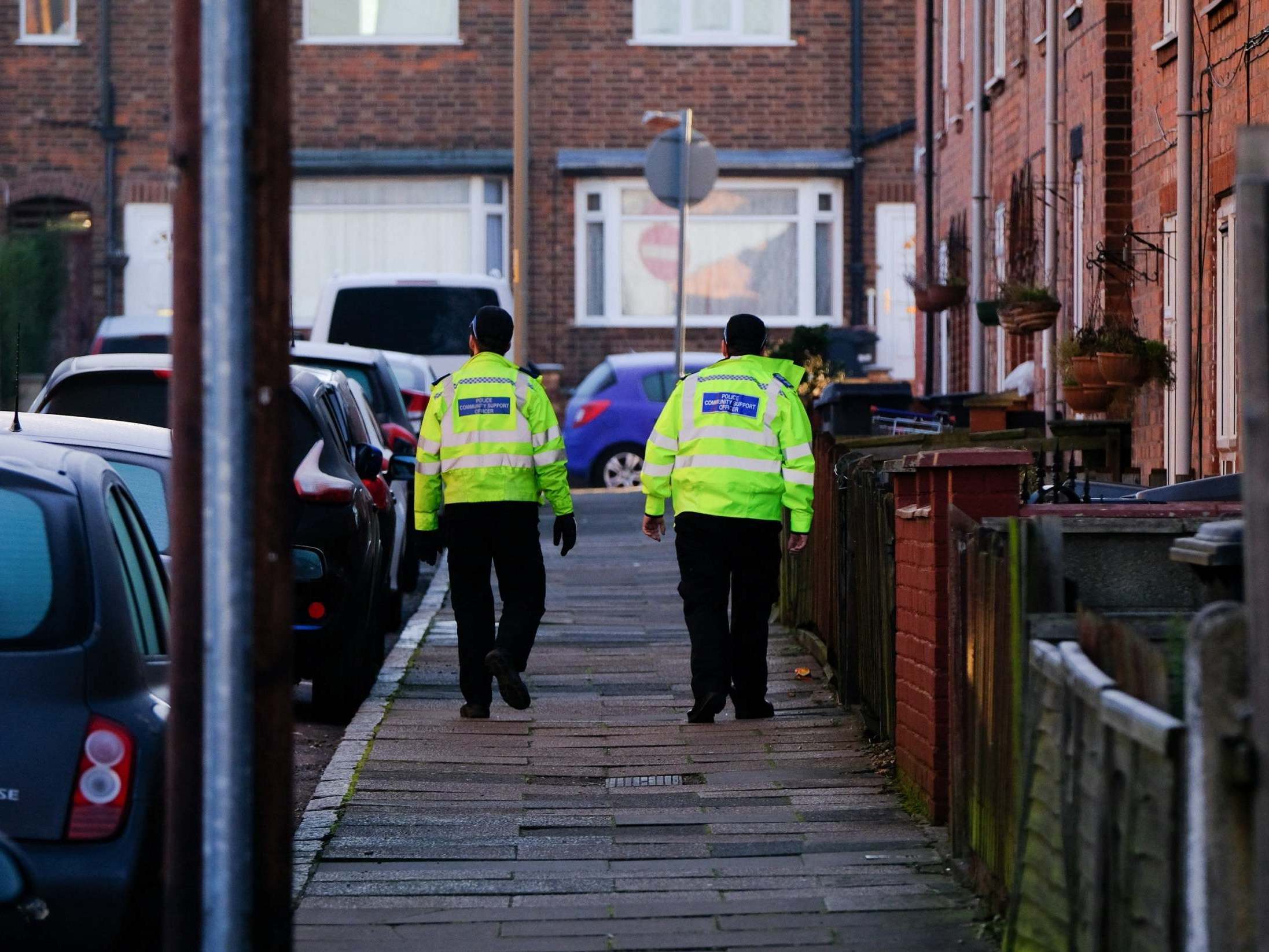 Police patrol Belper Street, in Leicester, where a 10-year-old boy was stabbed by a man in front of his mother on 18 January, 2020.