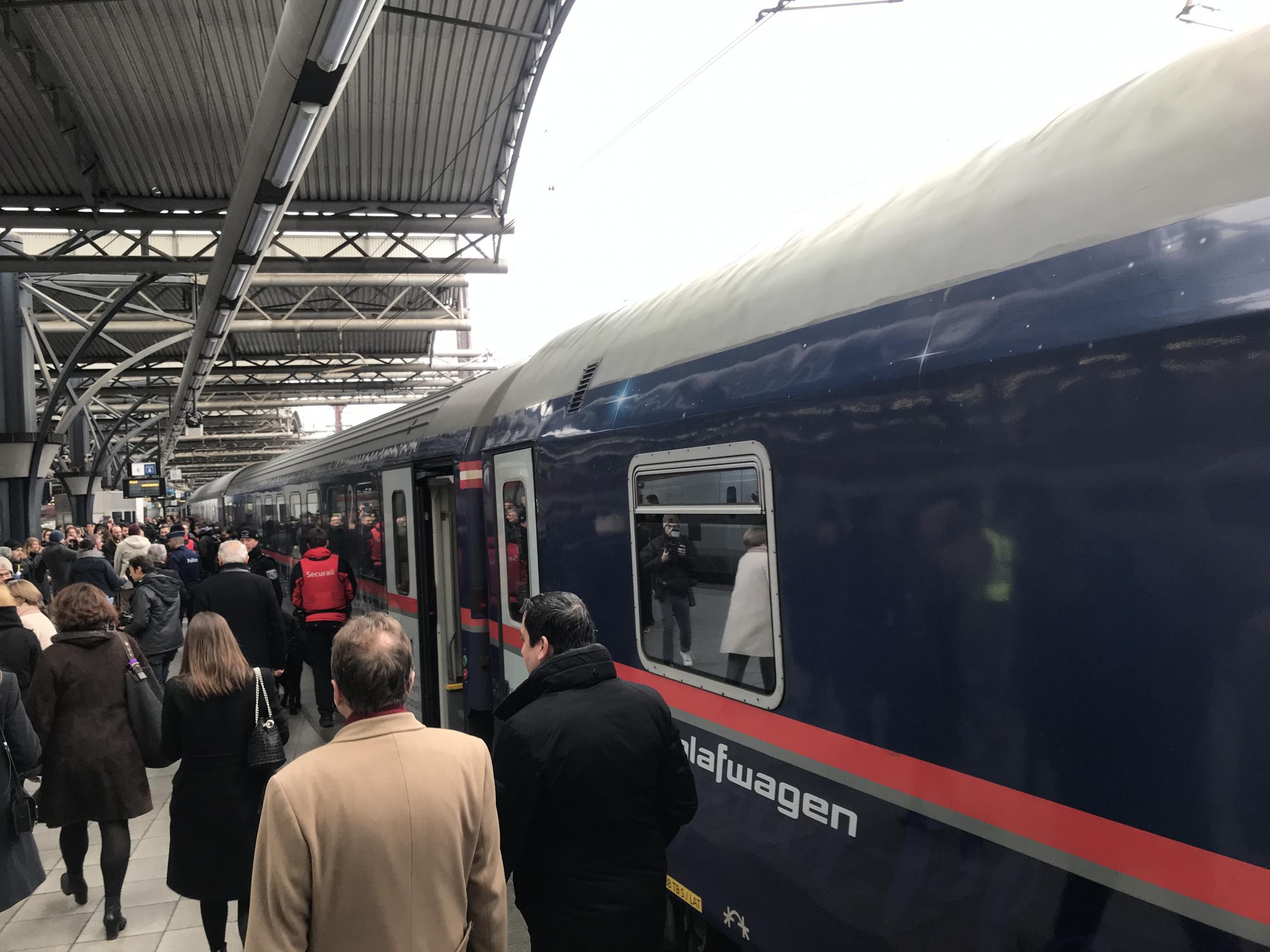 Passengers disembark the first Nightjet from Vienna to Brussels