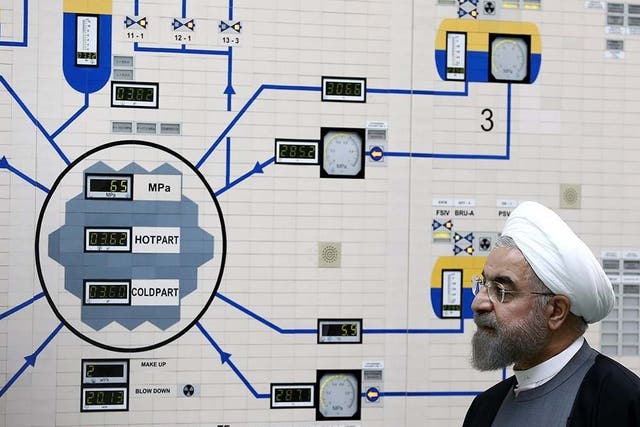 Iranian president Hassan Rouhani visiting the Bushehr nuclear power plant in the city of Bushehr, southern Iran