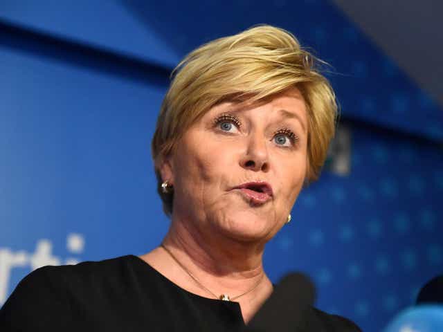 Norway's Progress Party leader and finance minister Siv Jensen speaks during a news conference in Oslo, Norway, 20 January, 2020.