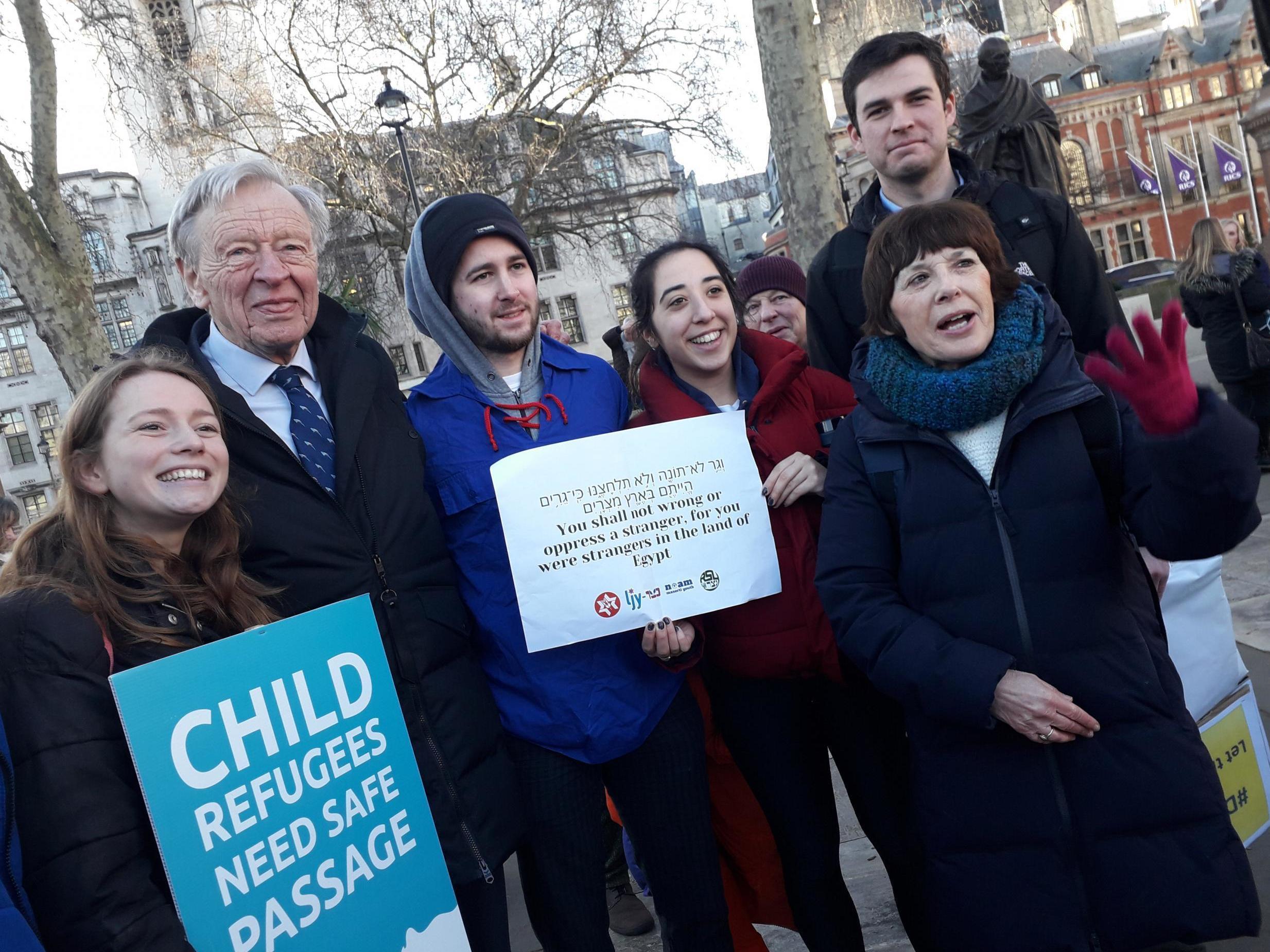 Lord Dubs (second from left) joins campaigners supporting his amendment in Parliament Square