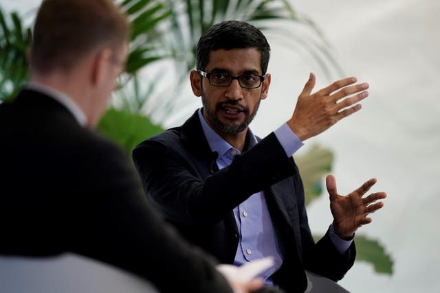 Google CEO Sundar Pichai speaks during a conference in Brussels on January 20, 2020