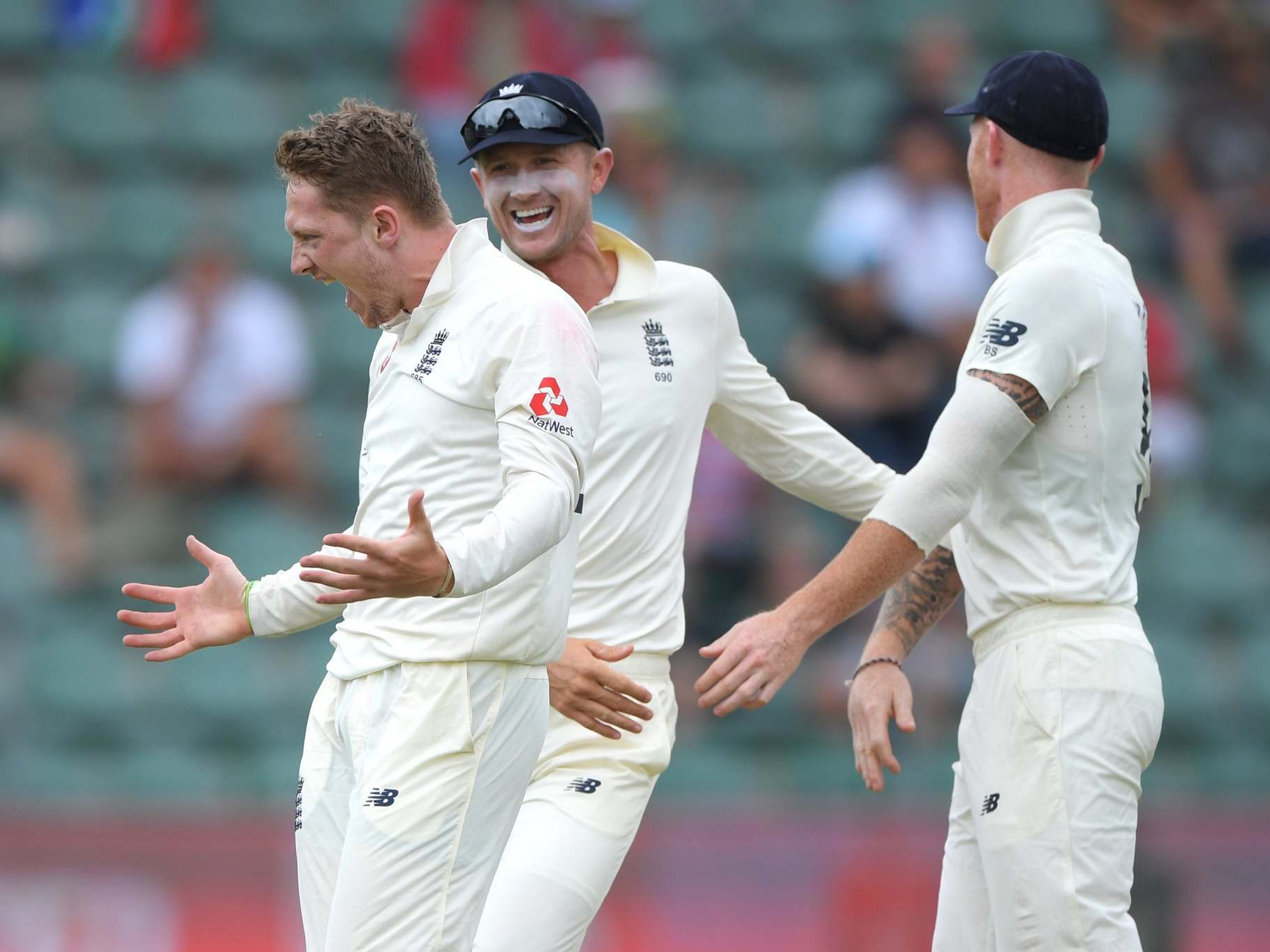 Dom Bess celebrates taking the wicket of Faf du Plessis