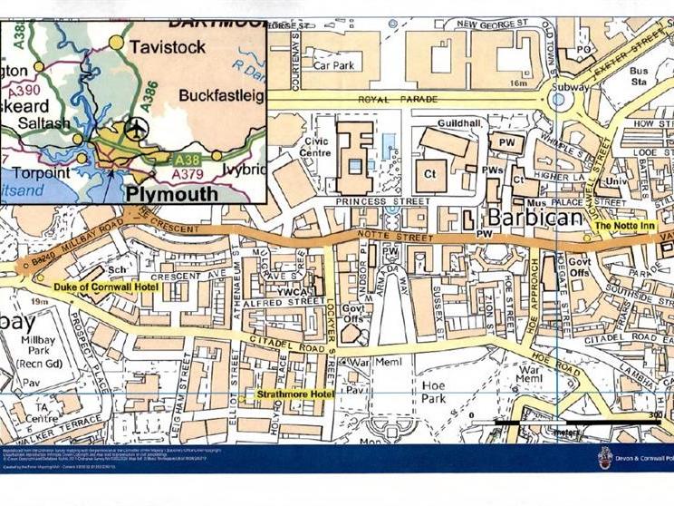 A map showing the Notte Inn, Strathmore Hotel and the Duke of Cornwall Hotel in Plymouth, Devon.