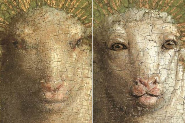Left: The face of Van Eyck's Adoration of the Mystic Lamb as it has appeared since the 16th century. Right: The rejuvenated artwork with overpainting removed