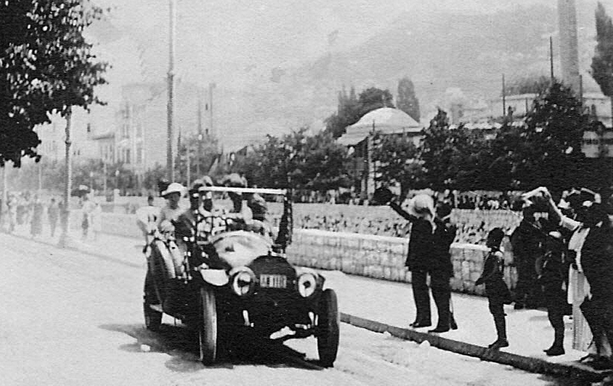 Archduke Franz Ferdinand and his wife riding in their car minutes before their assassination in June 1914