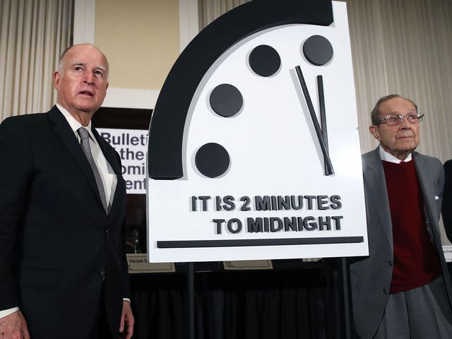 Former California governor Jerry Brown and former US secretary of defence William Perry unveil the Doomsday Clock