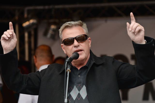 Madness frontman Suggs speaks at an anti-austerity protest in 2017