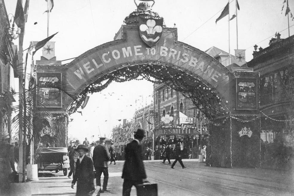 The prince received a warm welcome throughout his journey, with this decorated arch greeting him in Brisbane