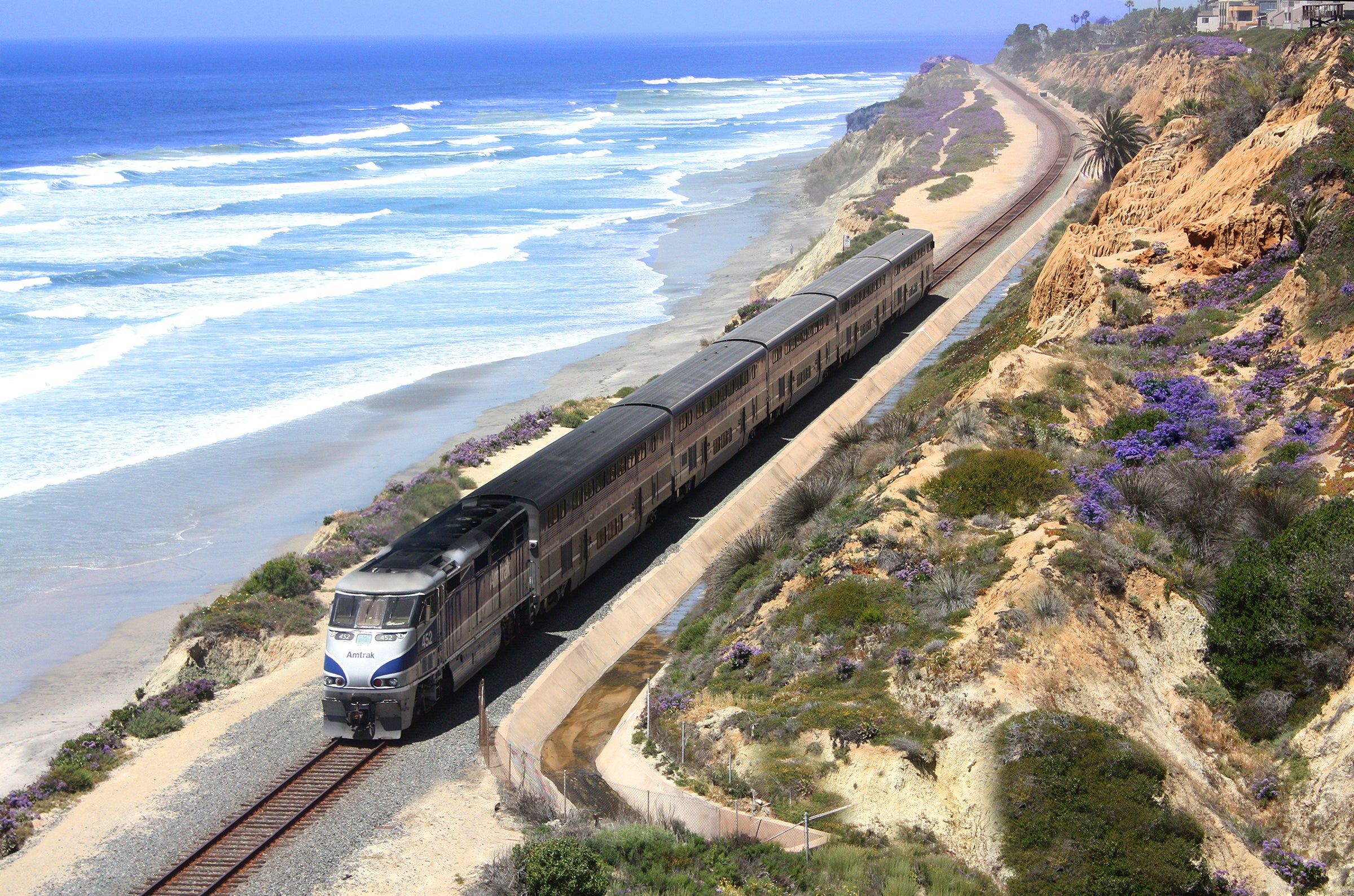 Amtrak Coast Starlight goes past untouched stretches of beach