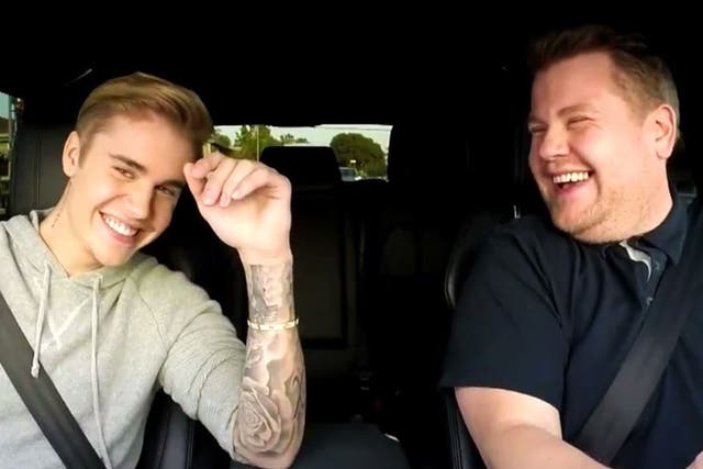 Justin Bieber and James Corden in a 2015 Carpool Karaoke episode