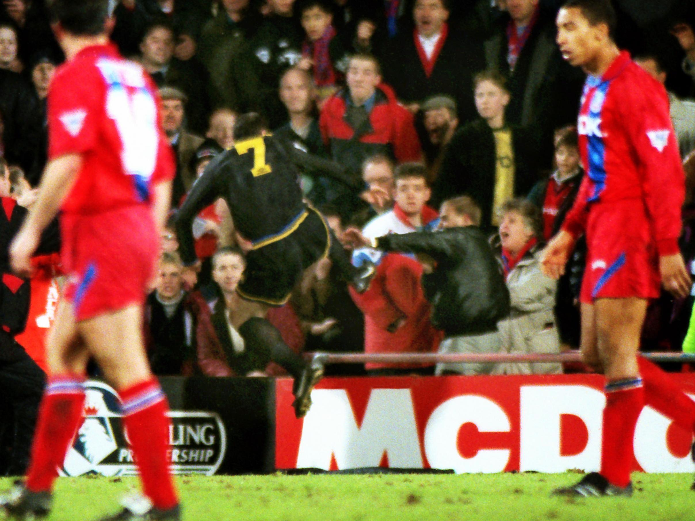 Manchester United Eric Cantona attacks Crystal Palace fan Matthew Simmons after being sent off