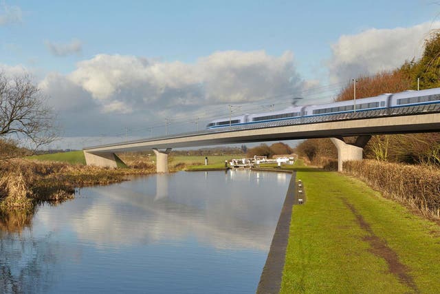 An artist’s impression of an HS2 train on the Birmingham and Fazeley viaduct