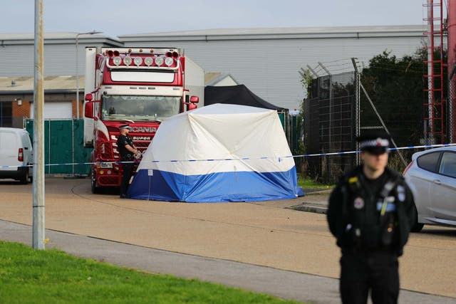 Police activity at the Waterglade Industrial Park in Essex last October, after 39 bodies were found inside a lorry container