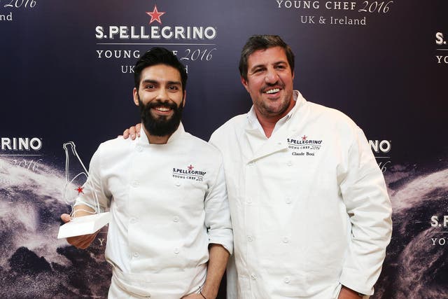 Claude Bosi (right), head judge for the S.Pellegrino UK Ireland Young Chef final, with winner George Kataras