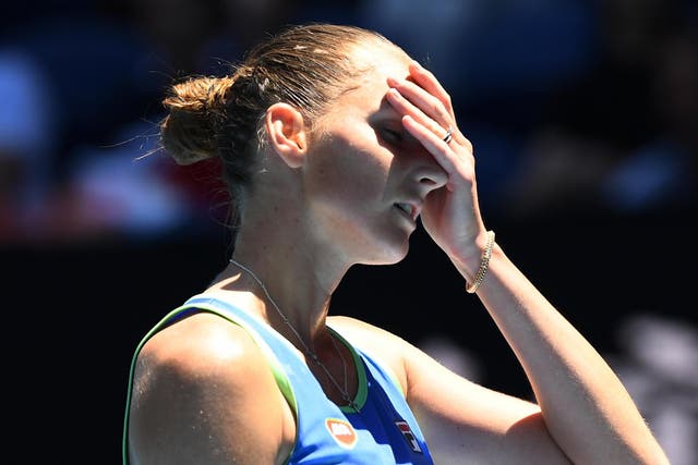 Karolina Pliskova reacts after losing a point in the second set