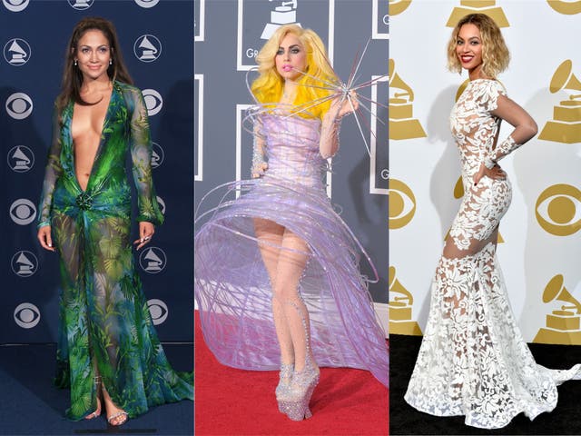 Jennifer Lopez in Versace, Lady Gaga in Armani Privé and Beyoncé in Michael Costello