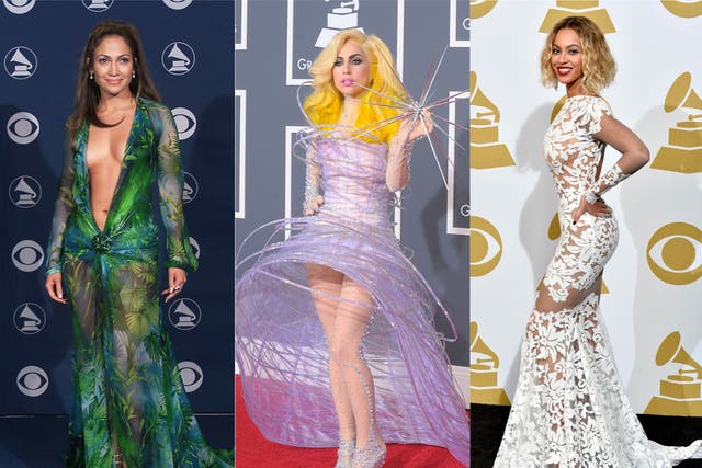 Jennifer Lopez in Versace, Lady Gaga in Armani Privé and Beyoncé in Michael Costello