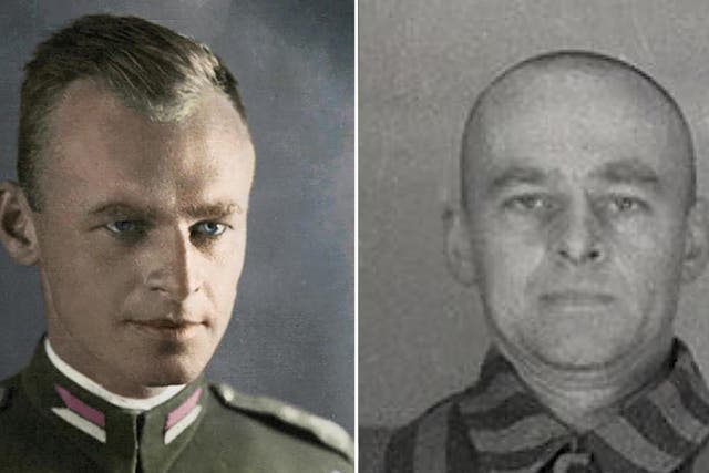 Left: A colourised portrait of Witold Pilecki sometime before World War II. Right: Pilecki as prisoner No. 4859 in Auschwitz in 1941