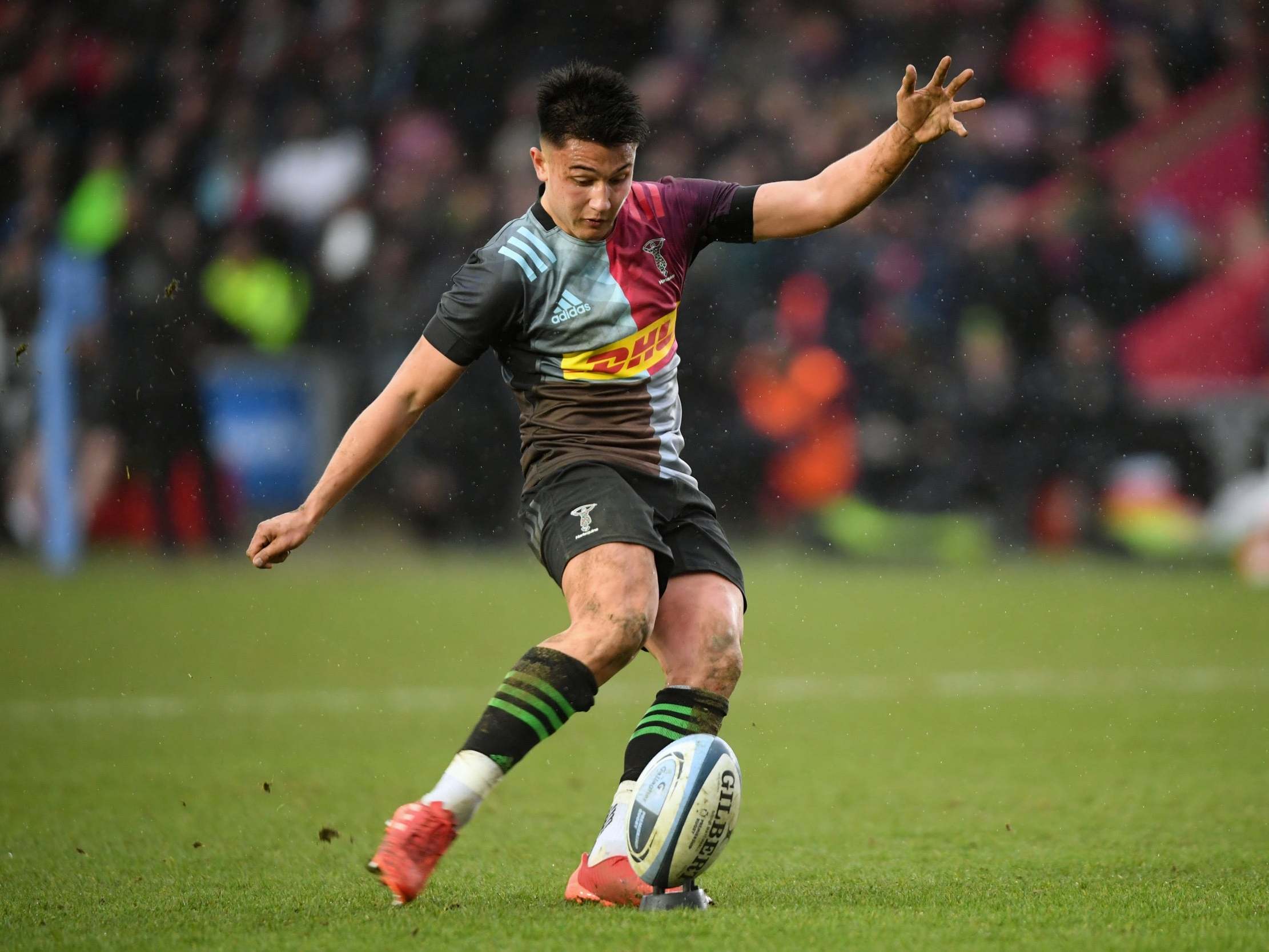 Marcus Smith kicks a conversion during the lopsided victory
