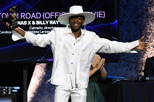 Lil Nas X accepts the award for Best Music Video for "Old Town Road" during the 62nd Annual Grammy Awards pre-telecast show on 26 January 2020, in Los Angeles.