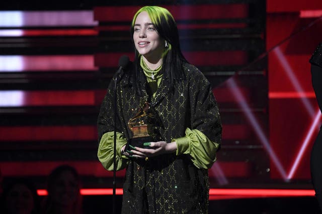 Billie Eilish accepts the Best New Artist award during the 62nd Annual Grammt Awards at Staples Center on 26 January 2020 in Los Angeles, California.
