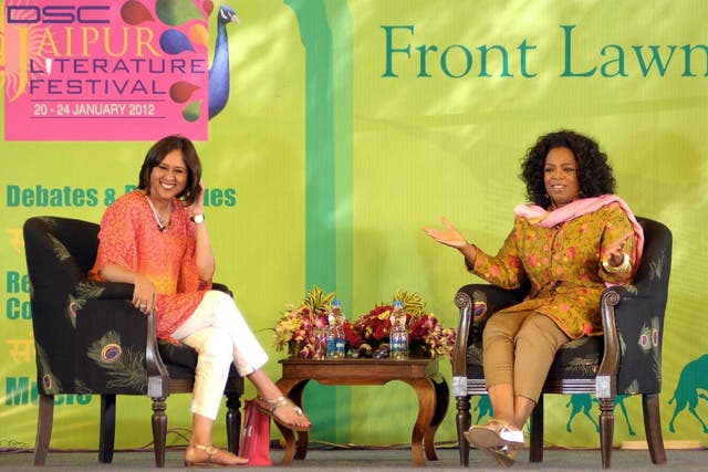 Barkha Dutt, Indian TV journalist, talks to Oprah Winfrey at the 2012 Jaipur Literature Festival