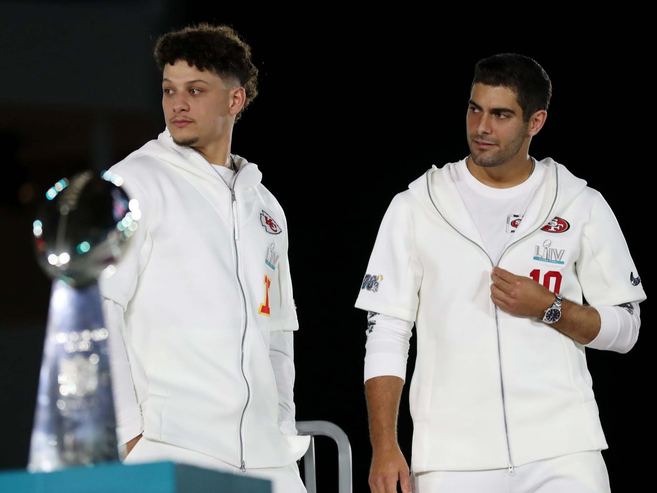 Patrick Mahomes and Jimmy Garoppolo during during Super Bowl LIV Opening Night