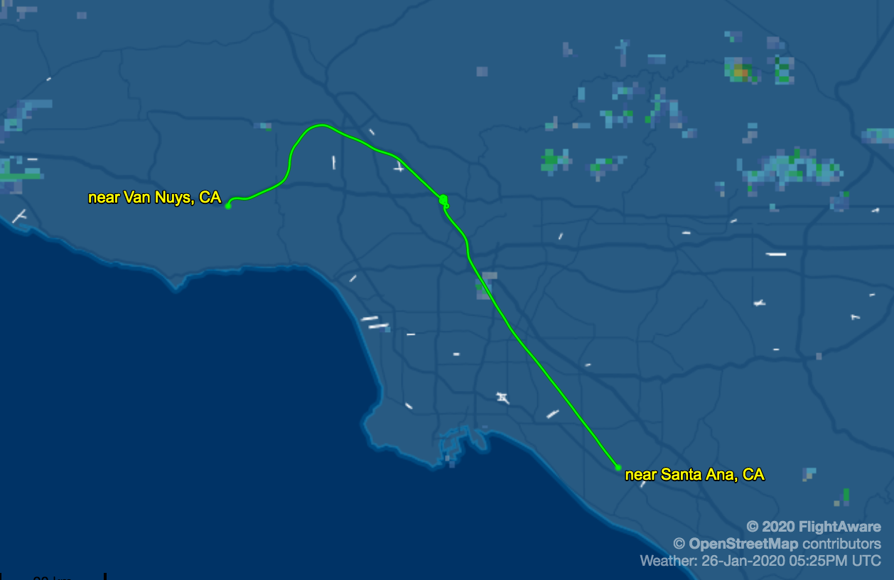 Flight data shows Bryant's fated flight path
