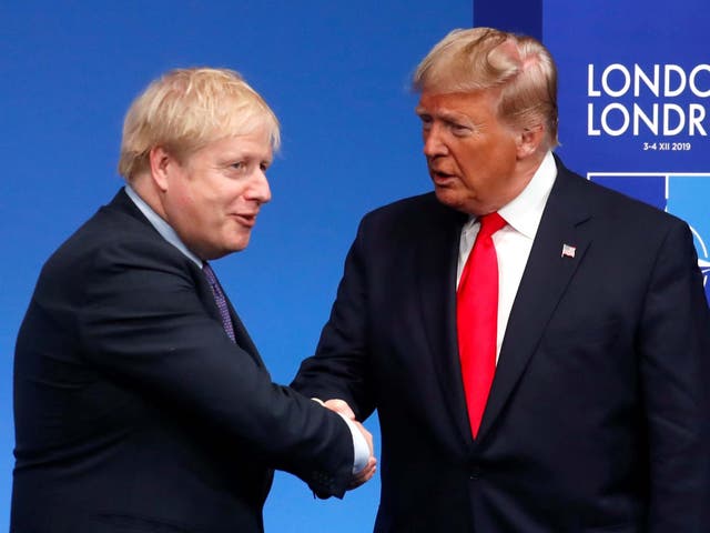 Johnson greets Trump during a welcoming ceremony at the Nato leaders’ summit in Watford in December 2019