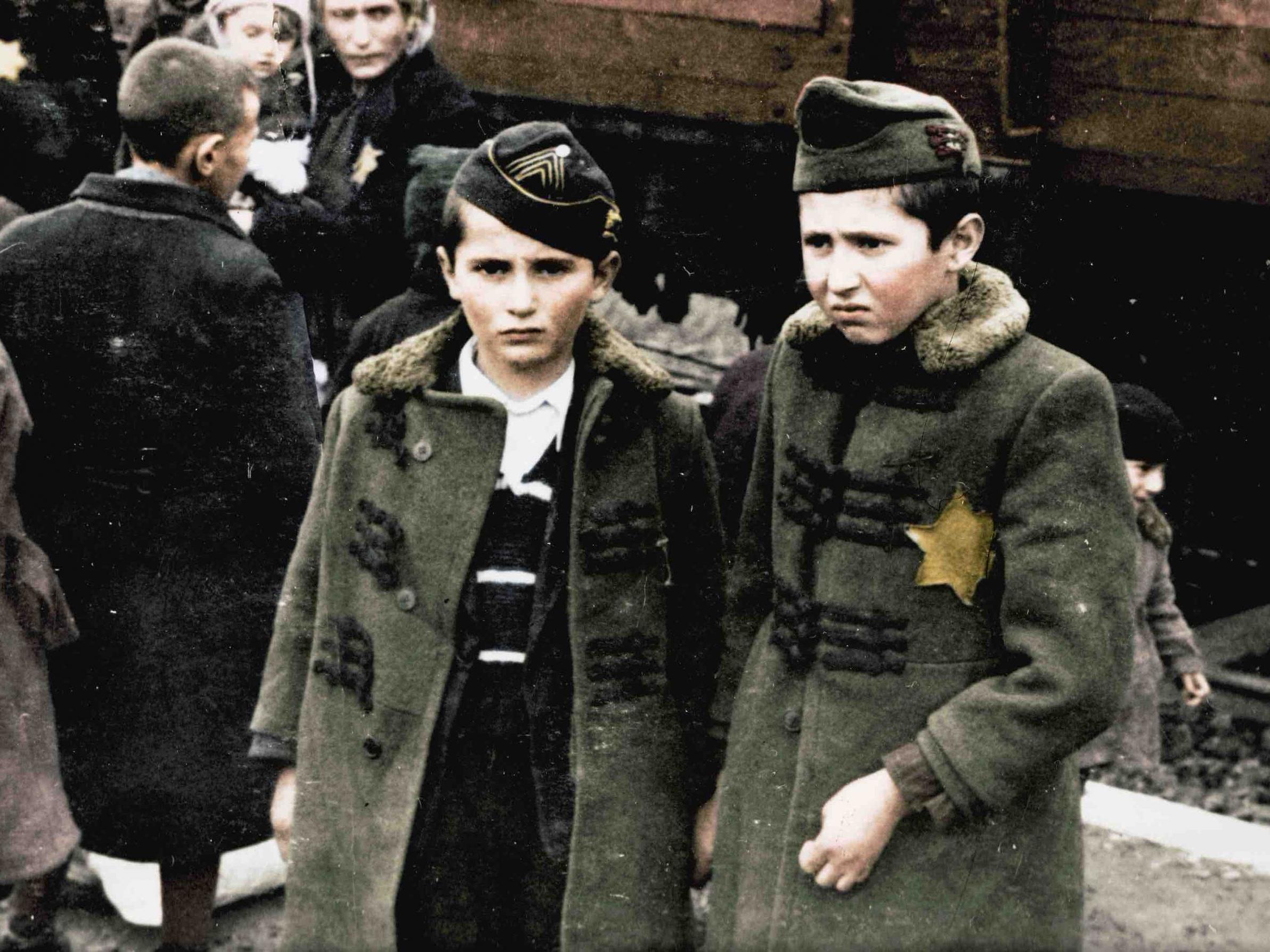 Two boys wait after arriving at Auschwitz in cattle cars (The Auschwitz Album — Serge Klarsfeld/Lily Jacob-Zelmanovic Meier)