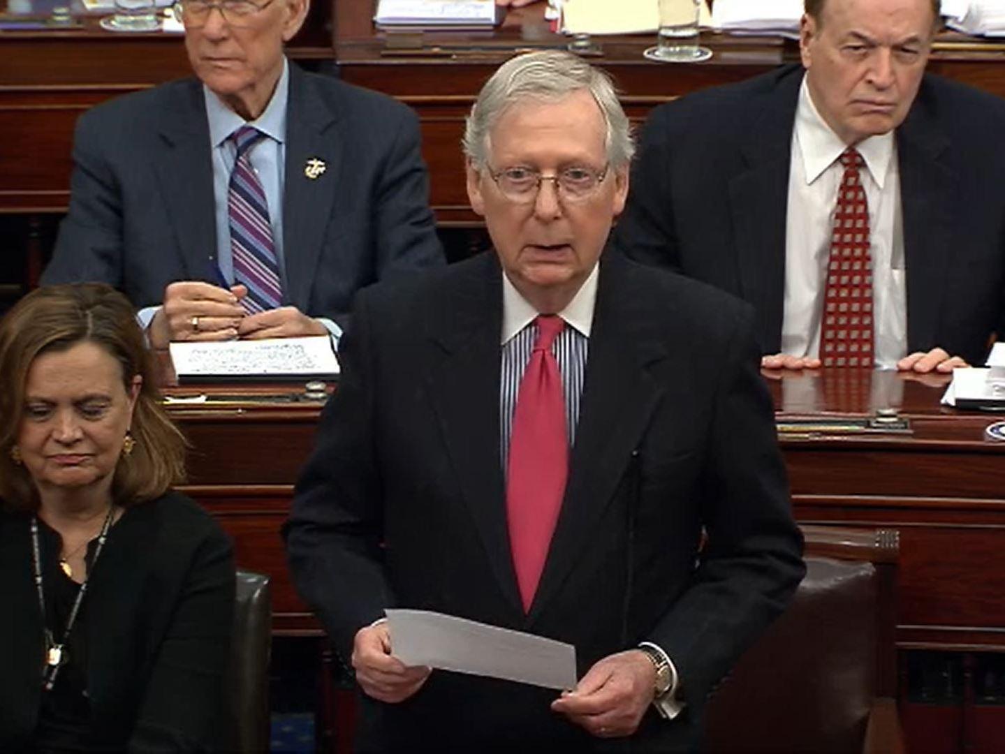 Senator Mitch McConnell addresses the Senate during the president's impeachment trial Jan 28 2020