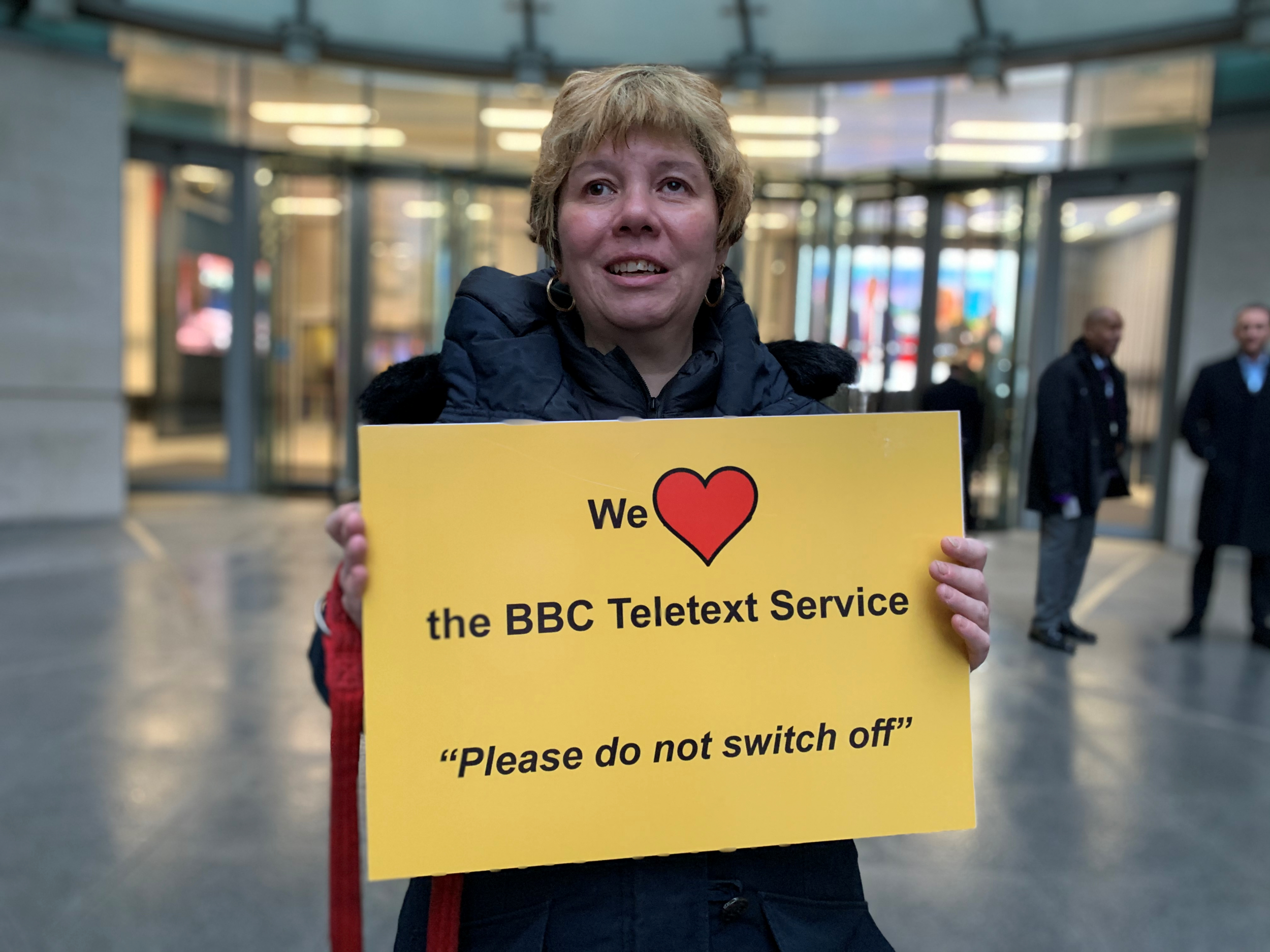Red Button protestor Sarah Leadbetter from Leicestershire outside the BBC on Monday