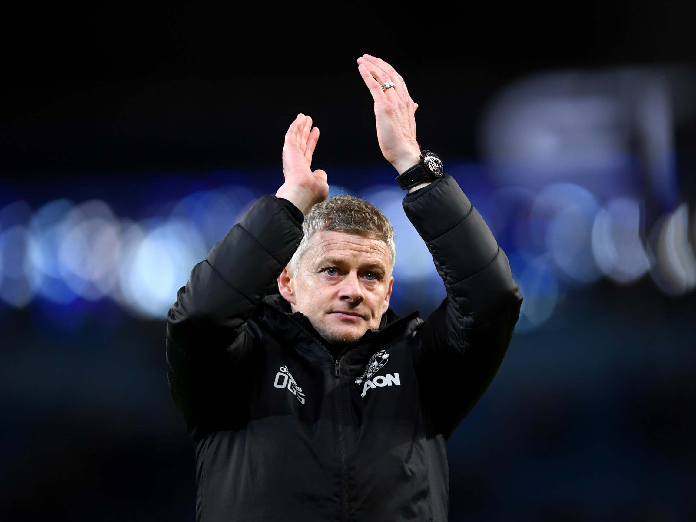 Ole Gunnar Solskjaer salutes the Manchester United supporters