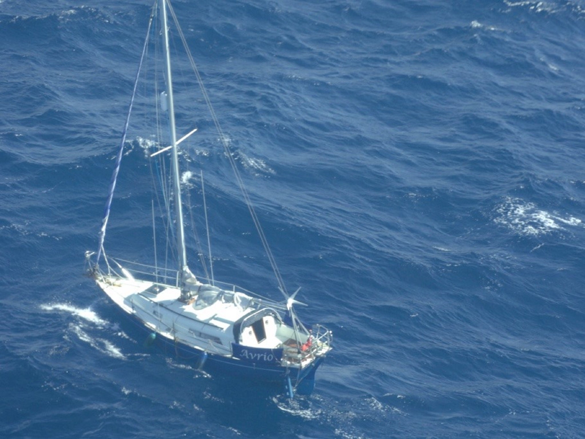 An aerial image captured by a Dutch Caribbean Coast Guard search and rescue plane of the Avrio yacht belonging to British sailor Mark Brennan, from South Shields, who was found dead on board on 27 January, 2020.