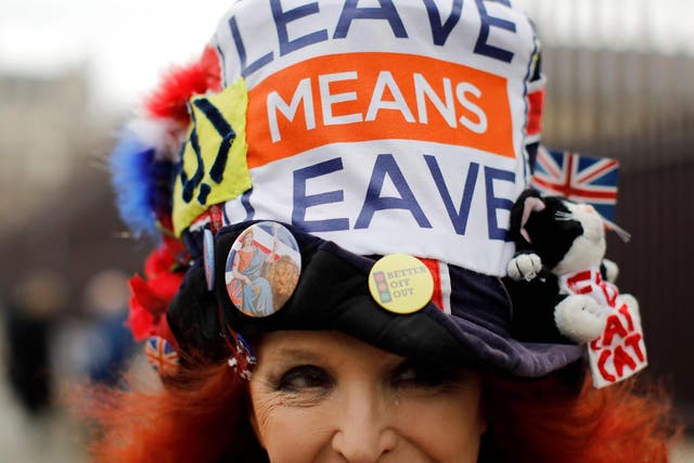 Pro-Brexit demonstrator wearing a ‘Leave Means Leave’ hat outside parliament