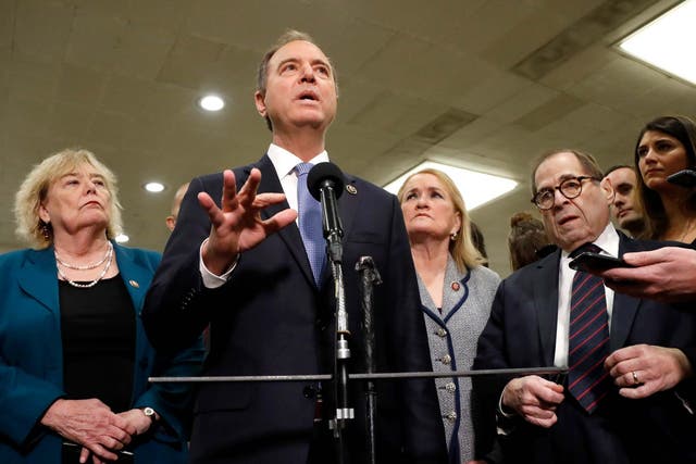 House impeachment manager Adam Schiff speaks to reporters at the US Capitol in Washington Thursday Jan 30 2020