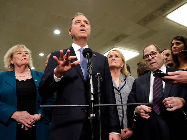 House impeachment manager Adam Schiff speaks to reporters at the US Capitol in Washington Thursday Jan 30 2020