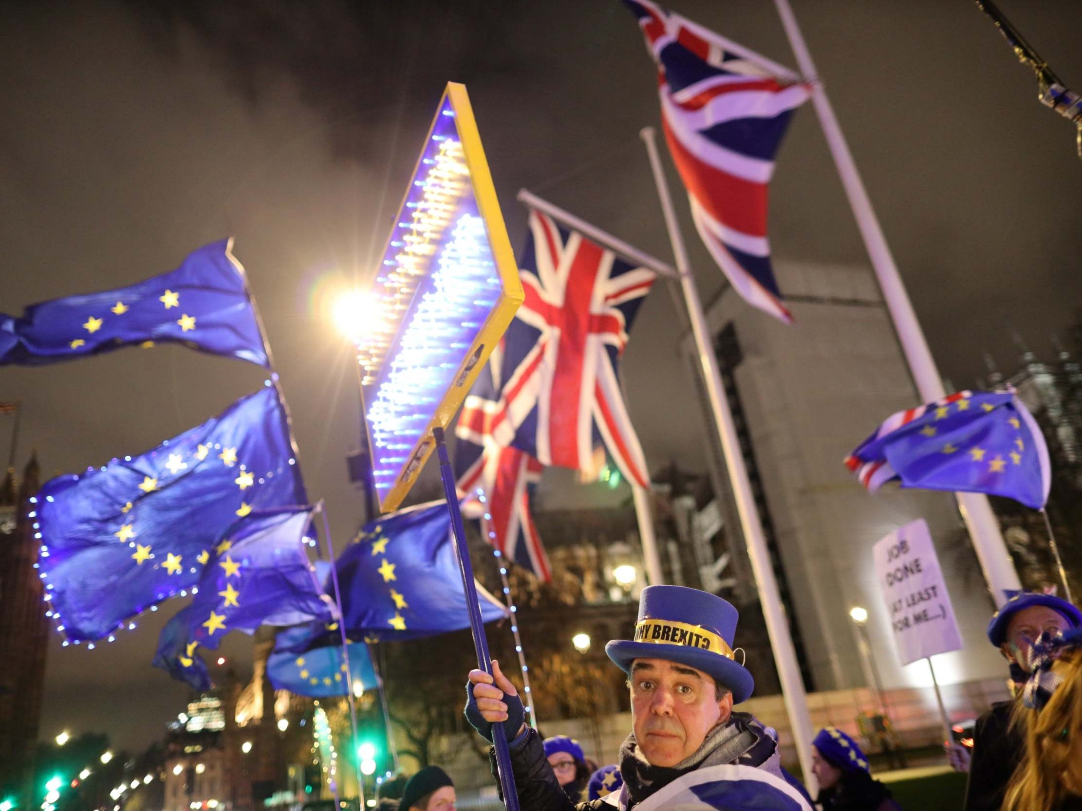 Anti-Brexit protesters demonstrate outside the Houses of Parliament on Thursday
