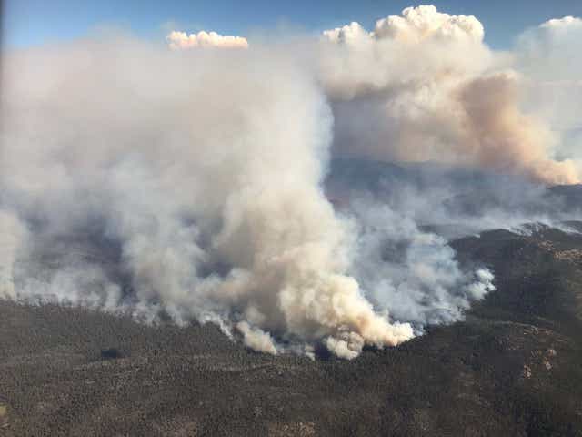 An aerial view of bushfires burning south of Canberra on January 31, 2020