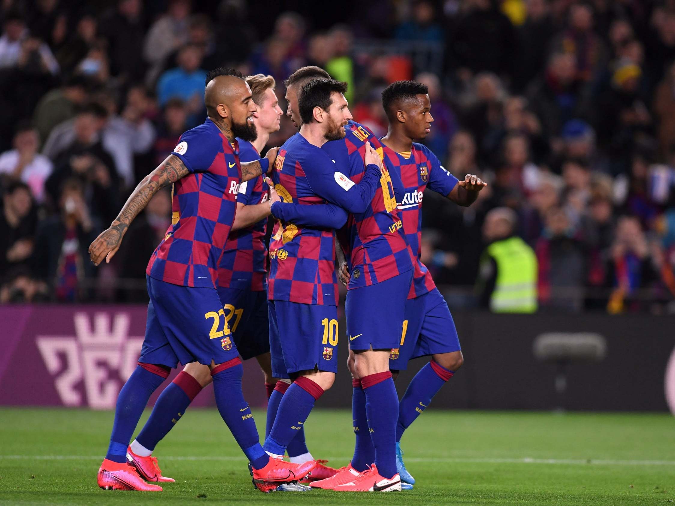 Lionel Messi celebrates scoring one of his two goals in Barcelona's 5-0 win over Leganes