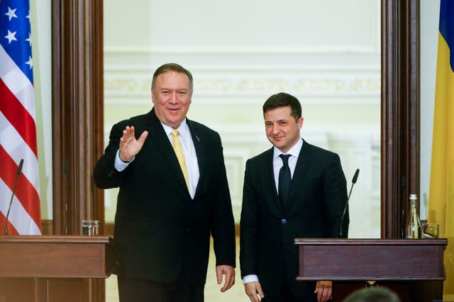 US Secretary of State Mike Pompeo, left, gestures as Ukrainian President Volodymyr Zelenskiy stands beside after their joint news conference following the talks in Kyiv Ukraine Friday Jan 31 2020