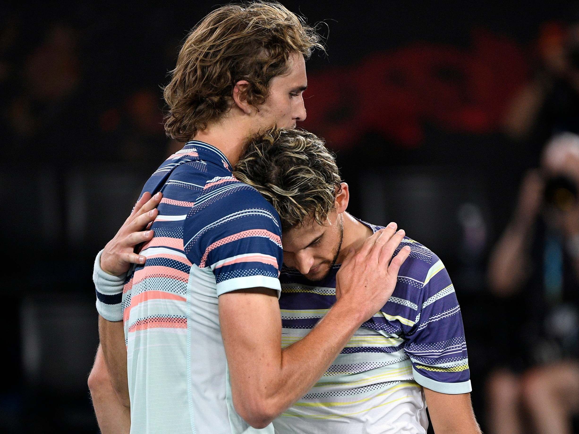 Austria's Dominic Thiem, right, is congratulated by Germany's Alexander Zverev