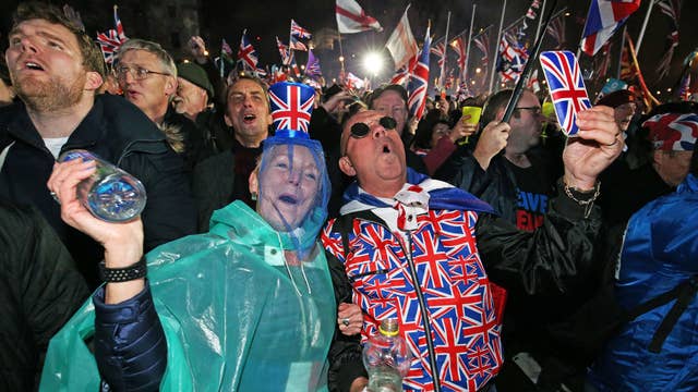 Pro-Brexit supporters celebrating in Parliament Square, after the UK left the European Union on 31 January. Ending 47 years of membership