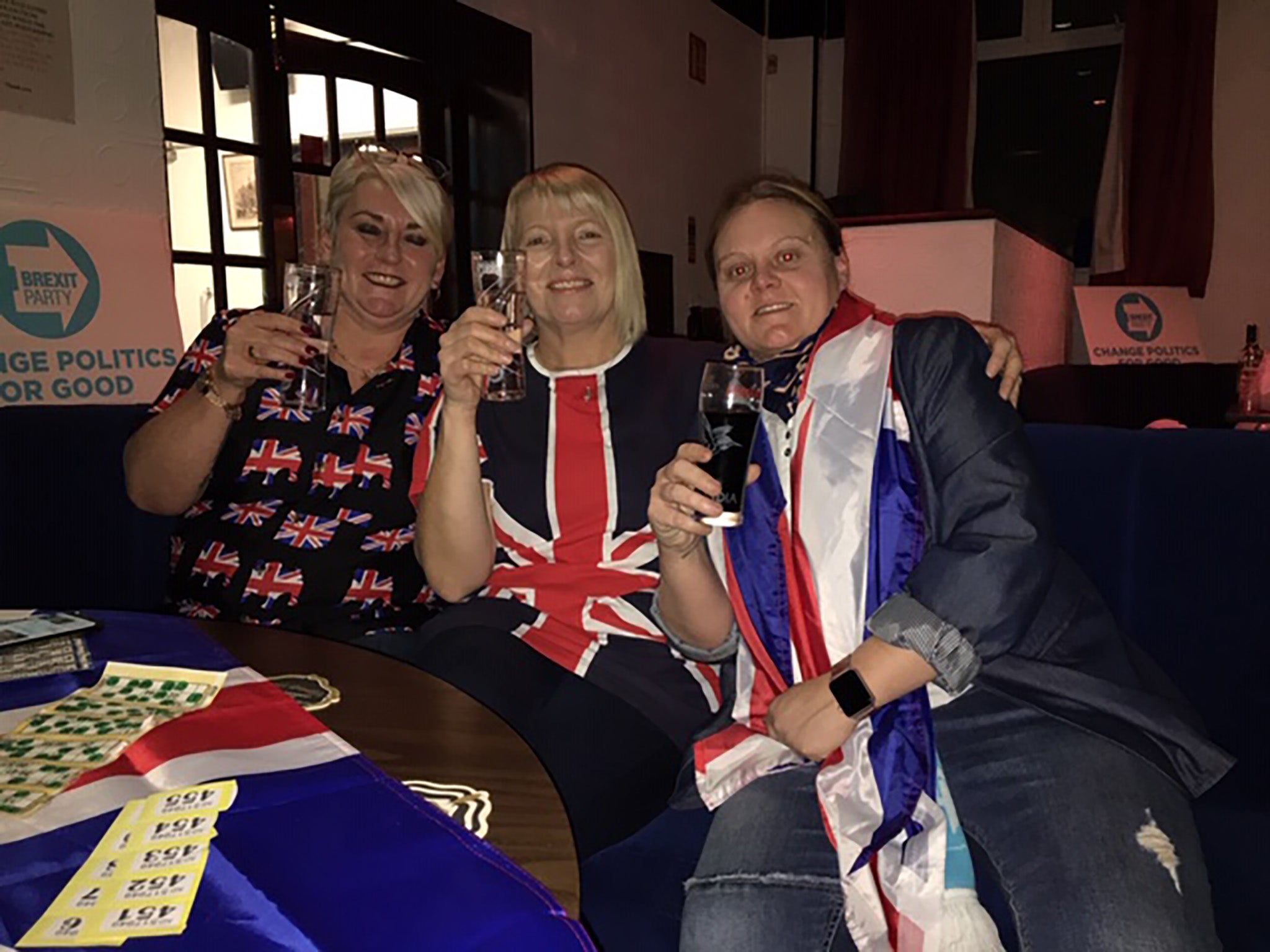 We’re alright, (Union) Jack: (from left) Jayne Hulme, Michelle Burton and Vicky Felton raise a celebratory glass