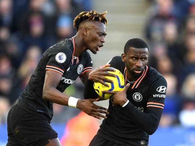 Antonio Rudiger grabs the ball after scoring Chelsea's second goal