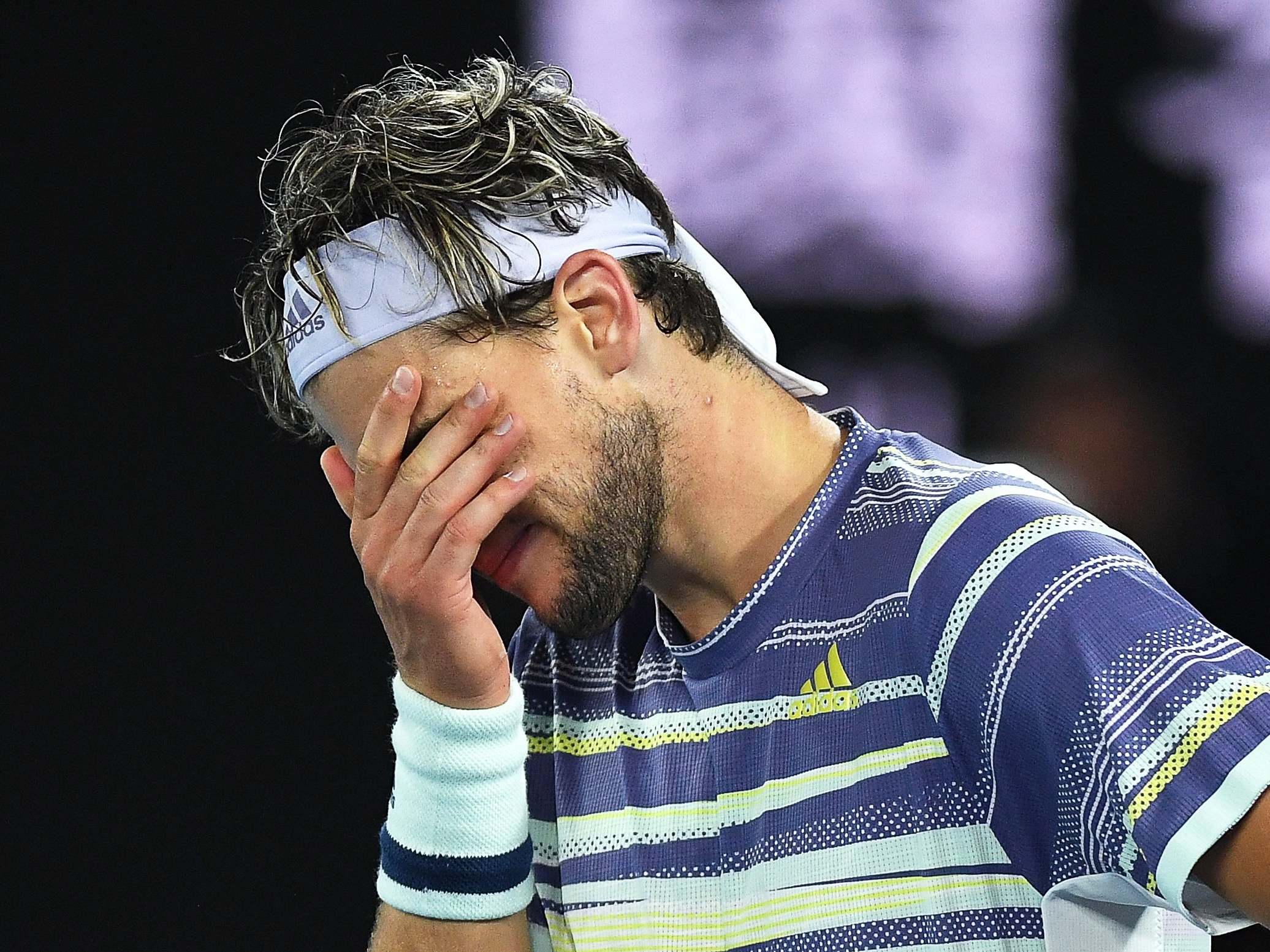 Dominic Thiem reacts during his third Grand Slam final defeat
