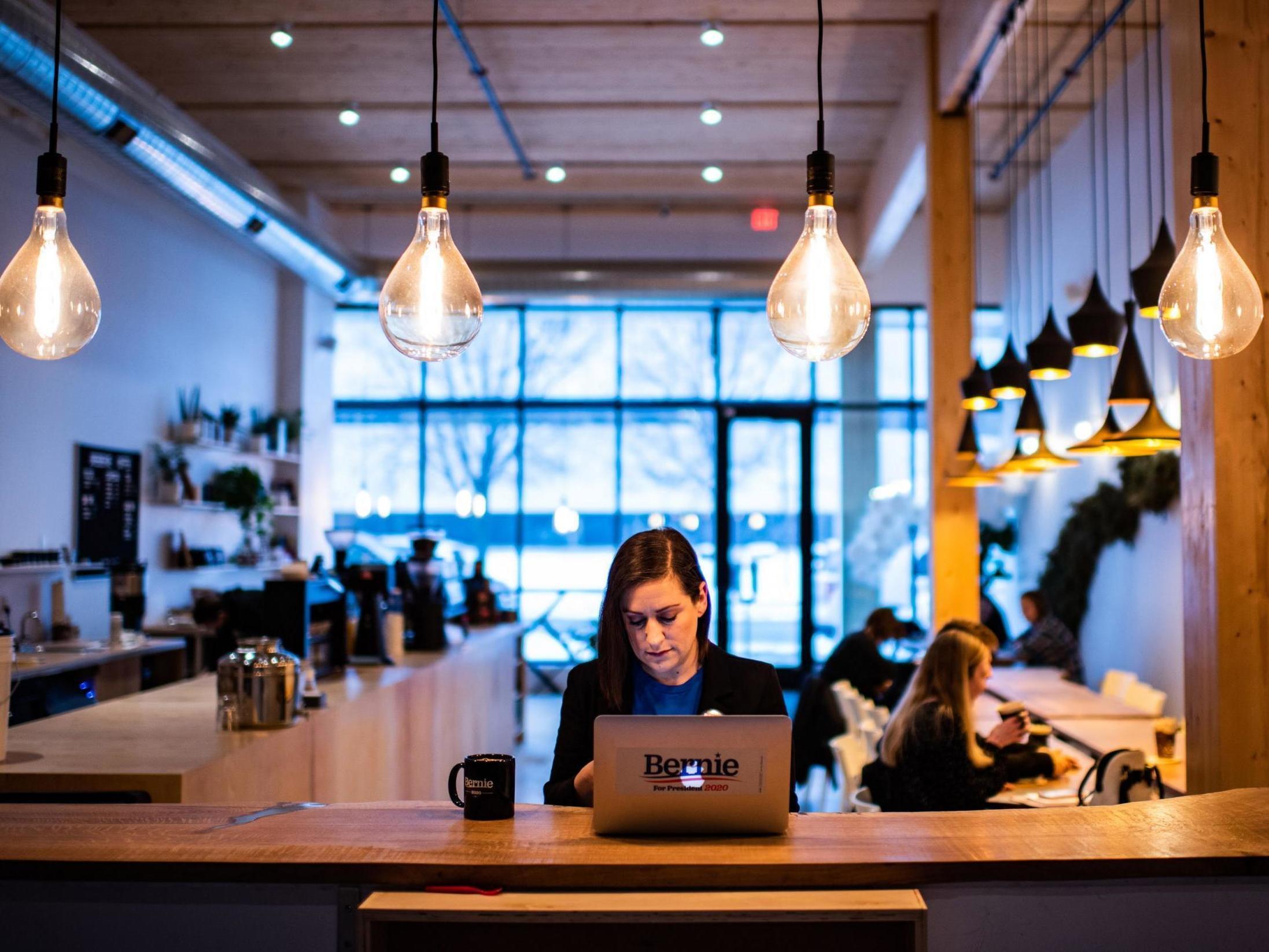 Amiebrooke Miller works on her laptop at a Des Moines, Iowa, coffee shop on Wednesday Jan. 22 2020 (Salwan Georges/The Washington Post)